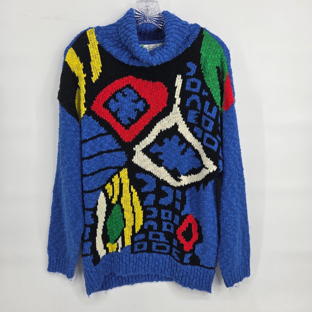 Chaus Sweater Large Blue Vintage 80s Bright Colorful Cowl Neck Knit